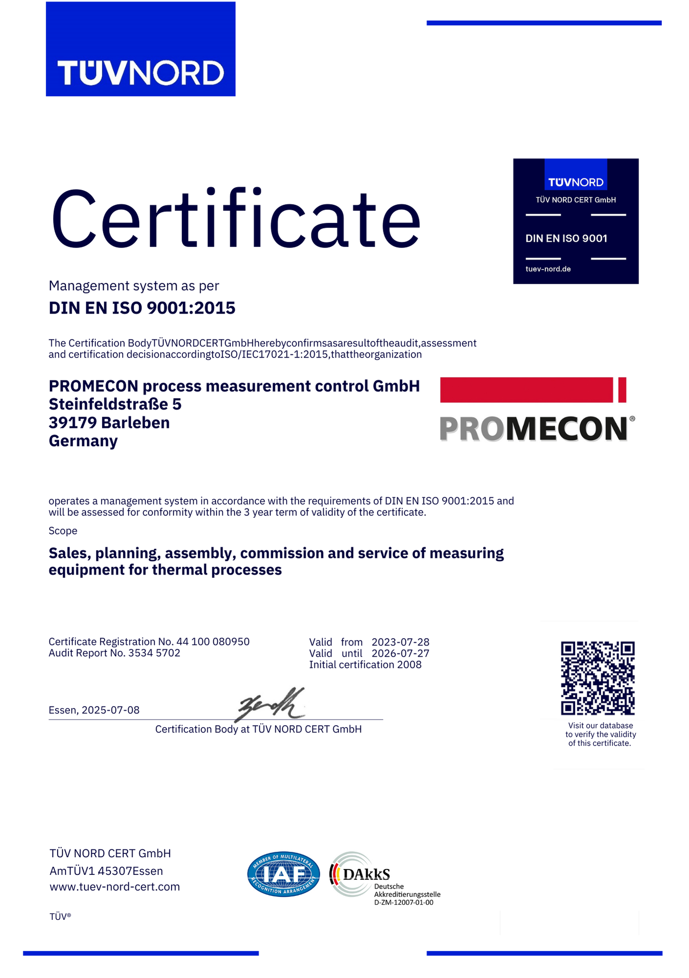PROMECON Certificate ISO 9001 : 2015