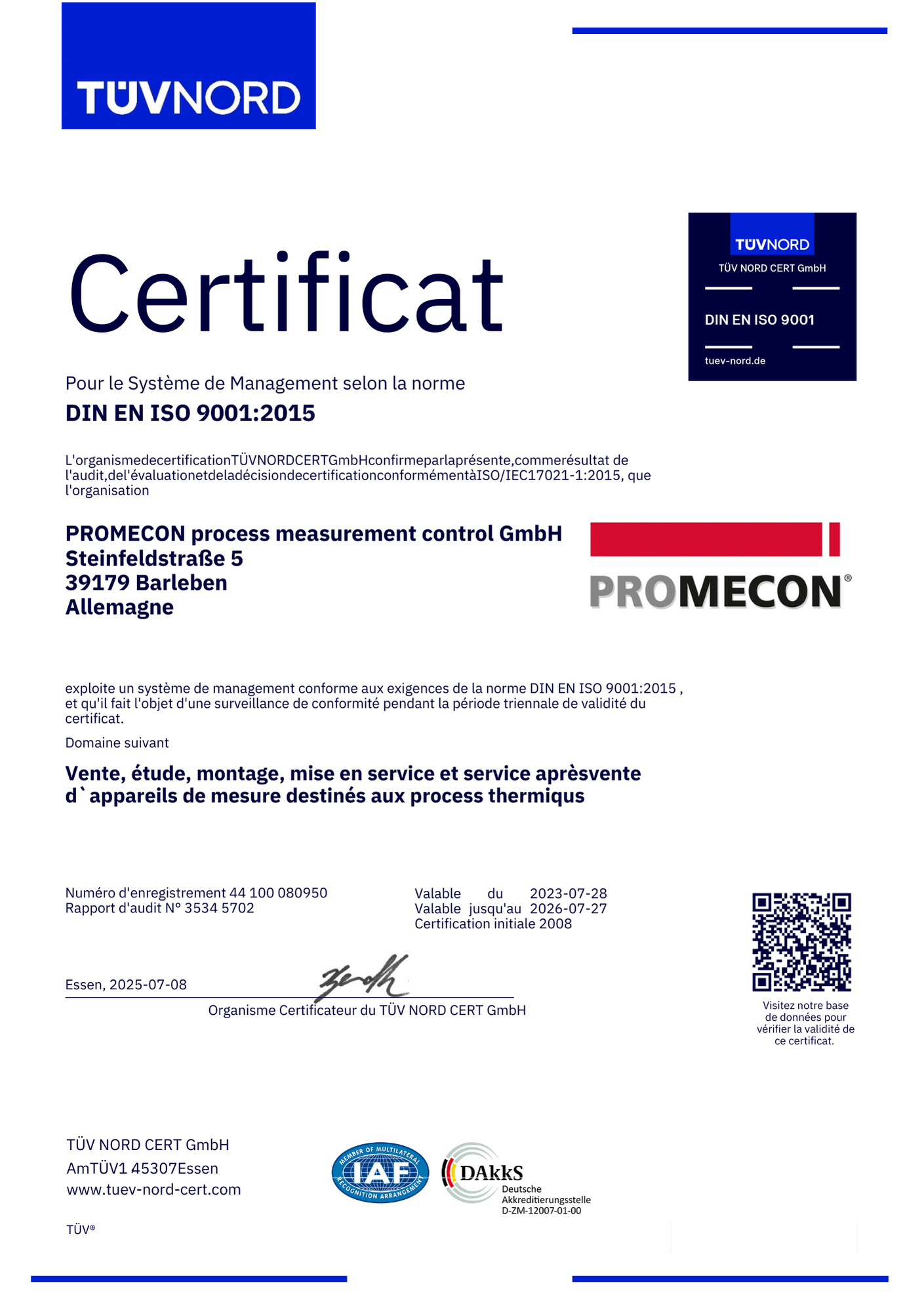 PROMECON Certificat ISO 9001 : 2015
