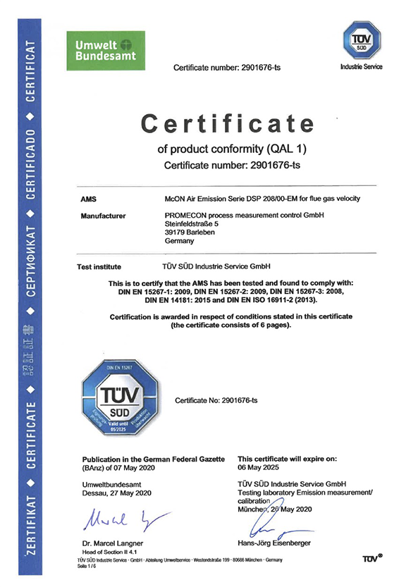 TÜV SÜD – Certificate of product conformity McON Air Emission
