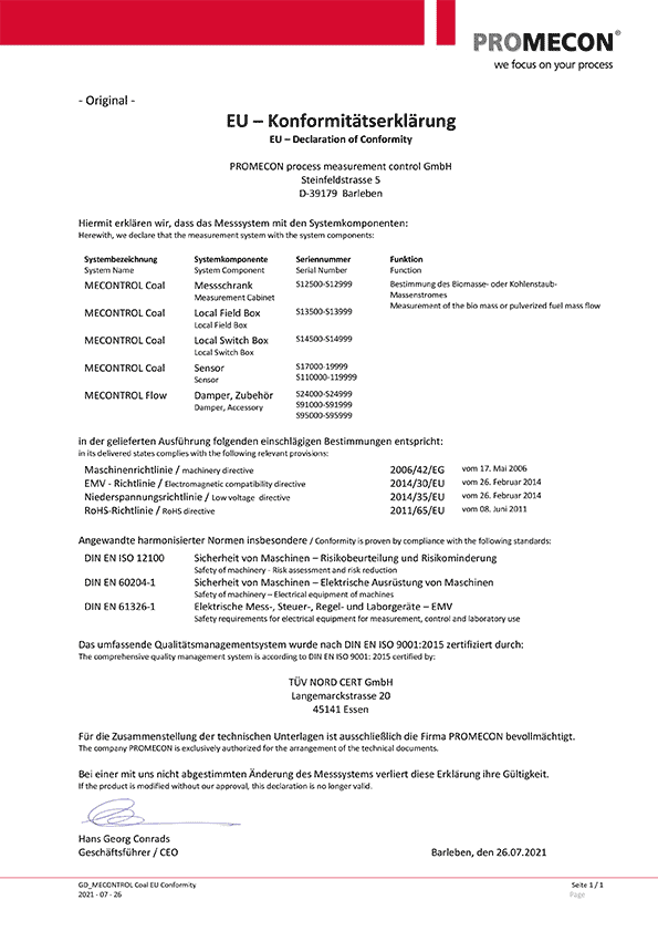EU – Declaration of Conformity  MECONTROL Coal