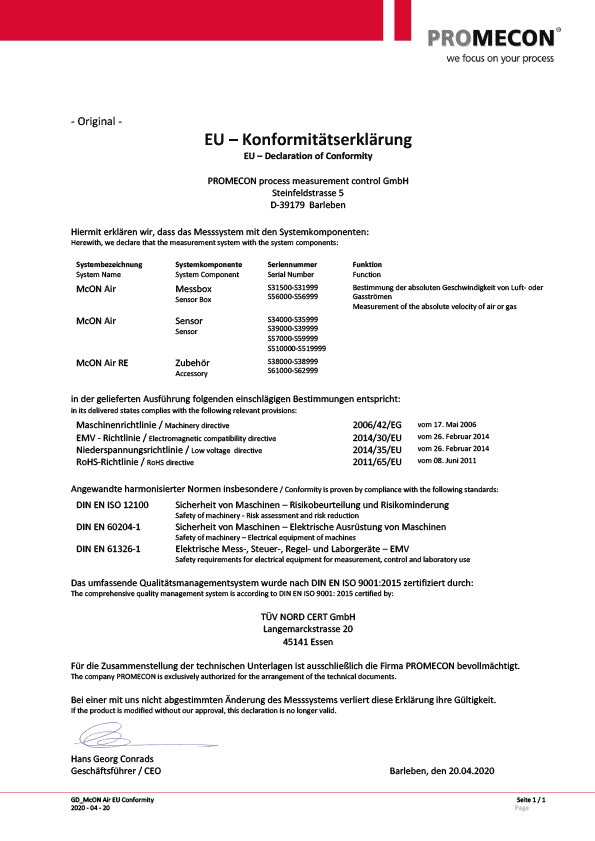EU – Declaration of Conformity McON Air