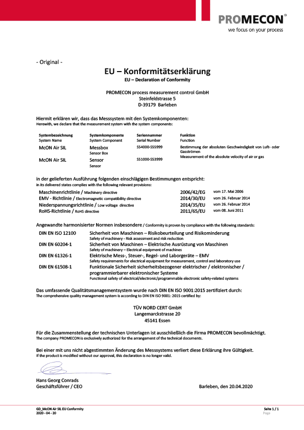 EU – Declaration of Conformity  McON Air SIL